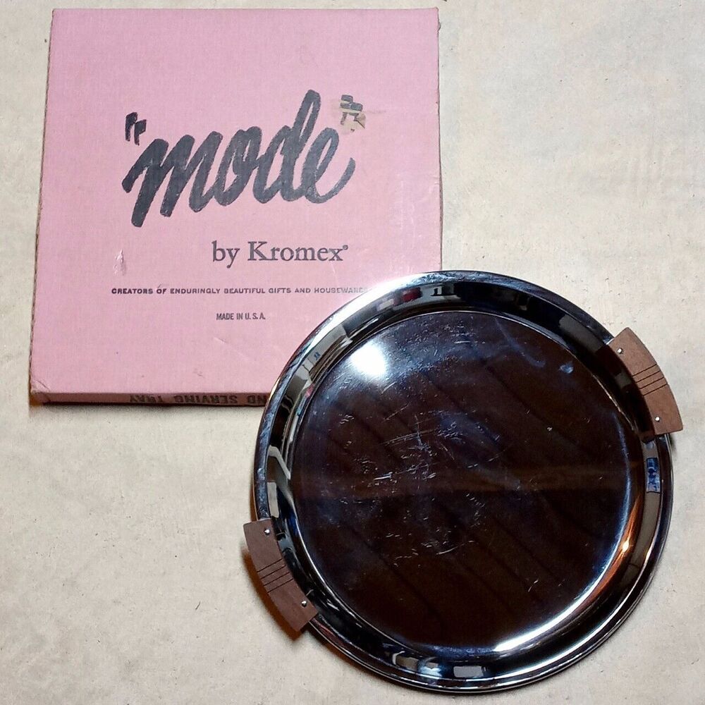 Vintage Kromex MCM Chrome 16" Round Made in USA Wood Handle Platter Tray